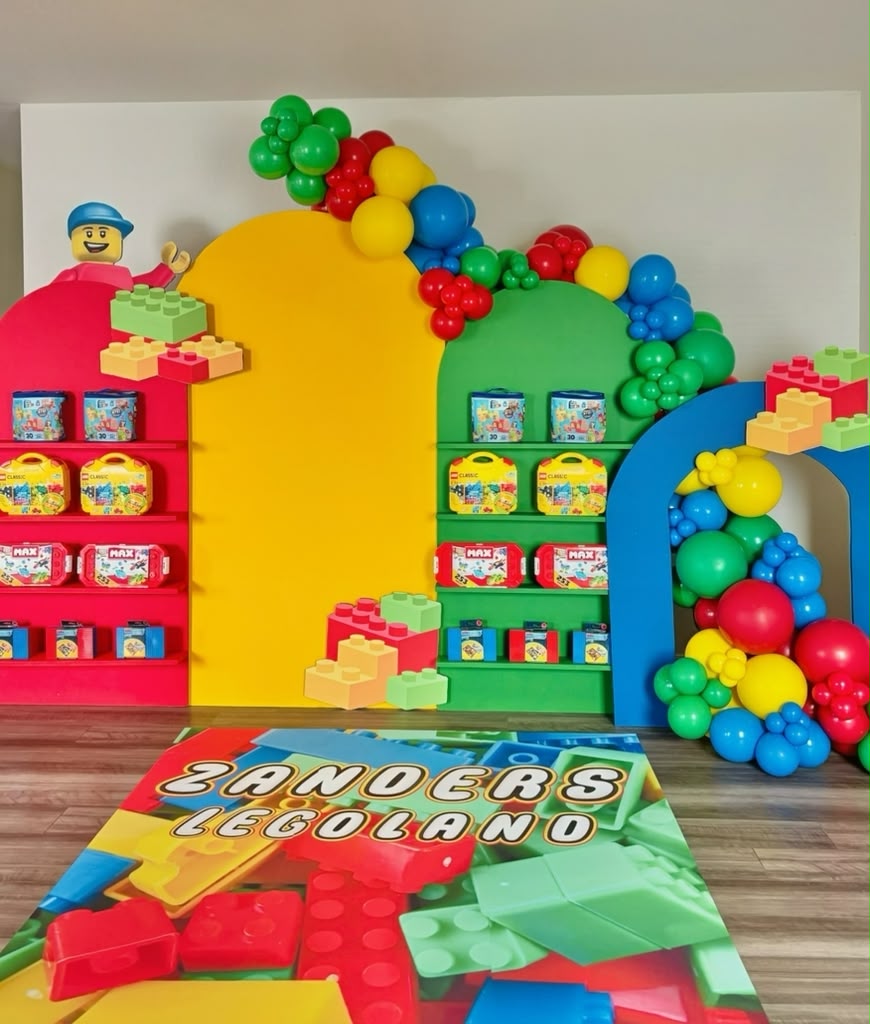 Colorful Lego themed children's birthday backdrop by LUX Event Design