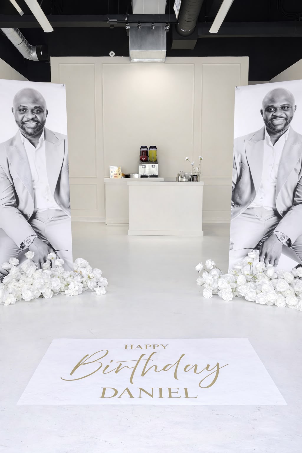 Elegant ivory milestone birthday lounge with custom bar by SALUXBAR